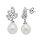 Sterling Silver Freshwater Cultured Pearl & Cubic Zirconia Leaf Drop Earrings, Women's, White
