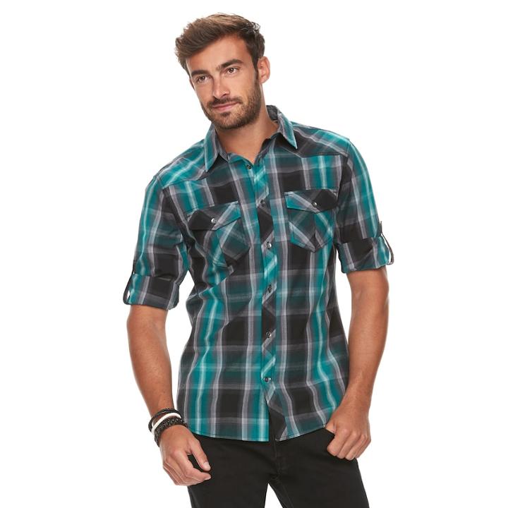 Men's Rock & Republic Western Plaid Button-down Shirt, Size: Small, Turquoise/blue (turq/aqua)