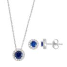Sterling Silver Lab-created Blue & White Sapphire Halo Pendant Necklace & Earring Set, Women's, Size: 18