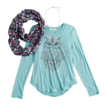 Girls 7-16 & Plus Size Self Esteem High-low Graphic Top Set With Scarf & Necklace, Size: Medium, Blue