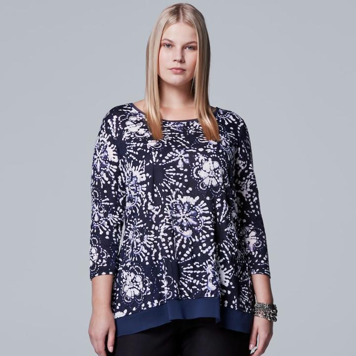 Plus Size Simply Vera Vera Wang Chiffon Trim Printed Top, Women's, Size: 3xl, Blue
