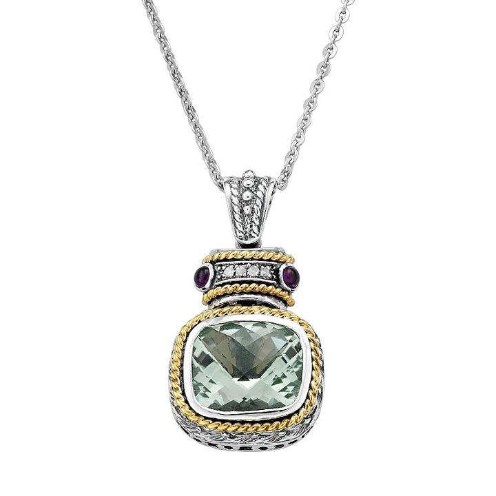 14k Gold Over Silver And Sterling Silver Green Quartz, Amethyst And Diamond Accent Frame Pendant, Women's, Size: 18, Grey