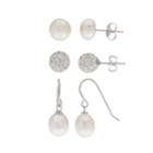Pearlustre By Imperial Sterling Silver Freshwater Cultured Pearl & Crystal 3 Pair Earring Set, Women's, White