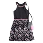 Girls 7-16 & Plus Size Knitworks Belted Flower Skater Dress With Crossbody Purse, Size: 12, Black