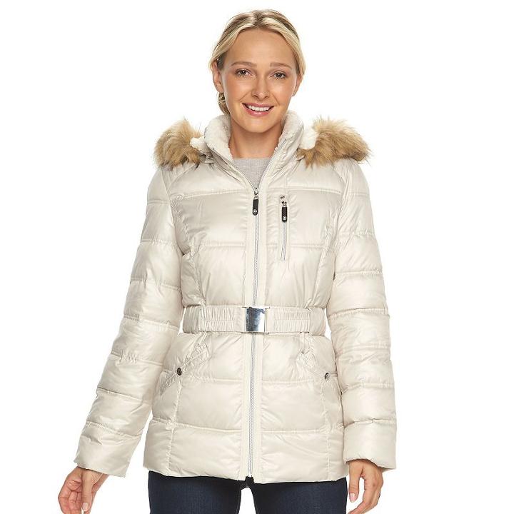 Women's Halitech Faux-fur Trim Hooded Puffer Jacket, Size: Small, Beig/green (beig/khaki)