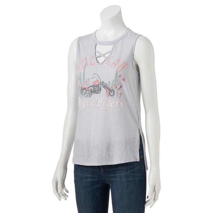 Juniors' About A Girl American Rogue Riders Motorcycle Graphic Tank, Size: Medium, Light Grey