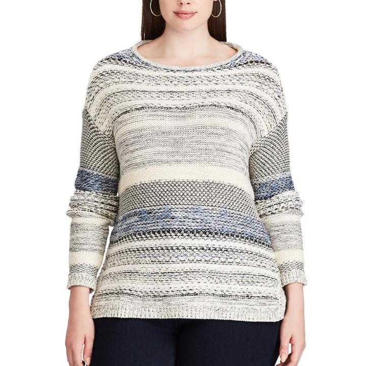 Plus Size Chaps Striped Long Sleeve Sweater, Women's, Size: 2xl, White