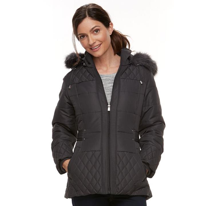 Women's Details Faux-fur Trim Quilted Jacket, Size: Small, Hematite