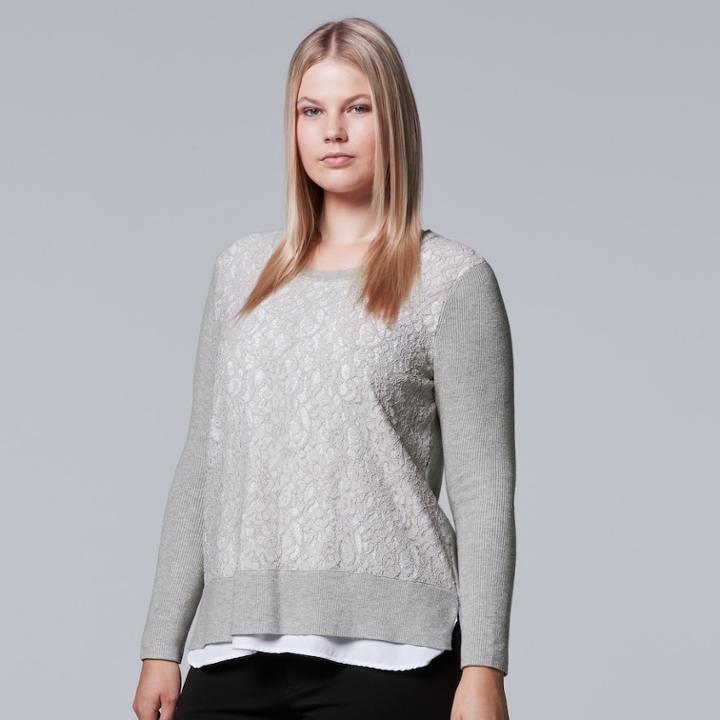 Plus Size Simply Vera Vera Wang Lace Crewneck Top, Women's, Size: 3xl, Light Grey