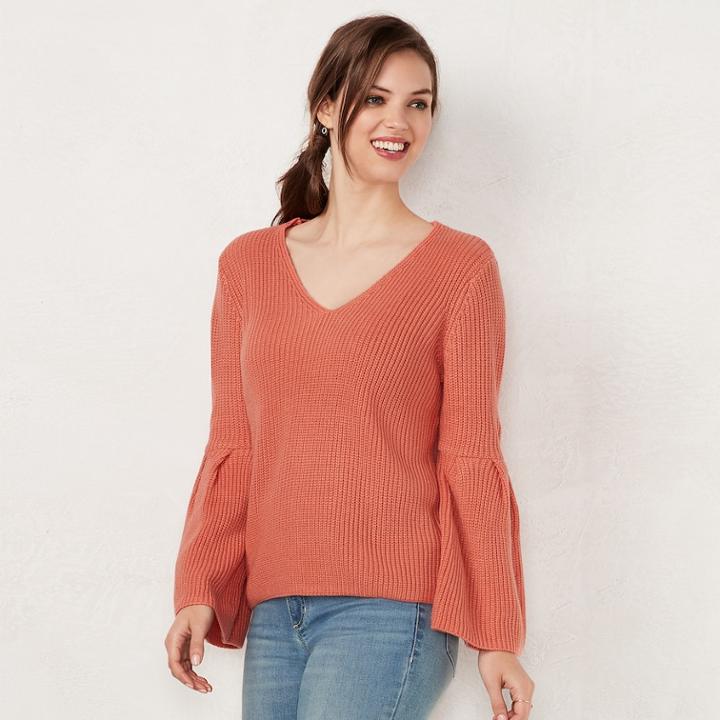 Women's Lc Lauren Conrad V-neck Bell Sleeve Sweater, Size: Medium, Med Pink