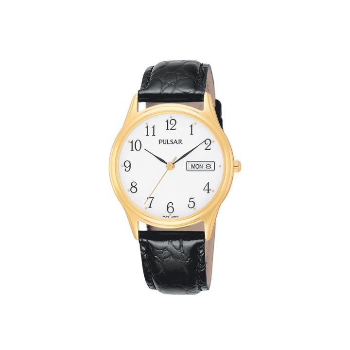 Pulsar Stainless Steel Gold Tone Leather Watch - Men, Black