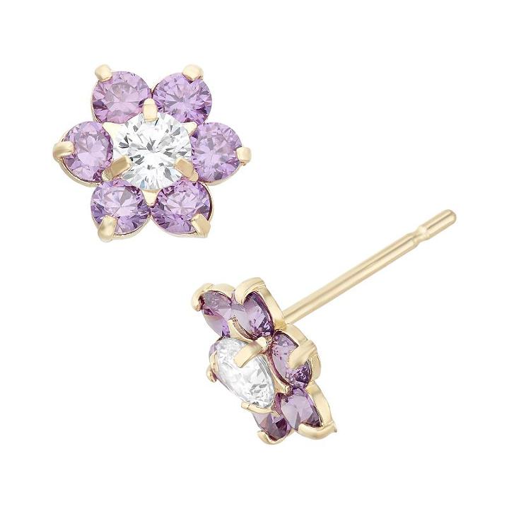 Junior Jewels Cubic Zirconia 14k Gold Flower Stud Earrings - Kids, Girl's, Purple