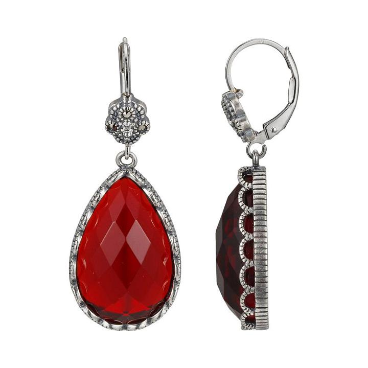 Sterling Silver Glass, Crystal And Marcasite Teardrop Earrings - Made With Swarovski Crystals, Women's, Red