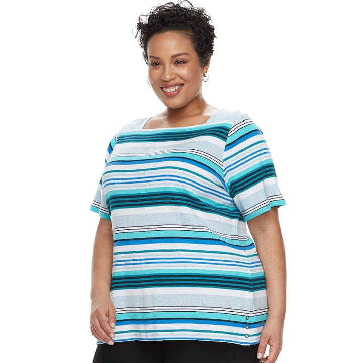 Plus Size Croft & Barrow&reg; Print Button-hem Squareneck Top, Women's, Size: 2xl, Light Blue