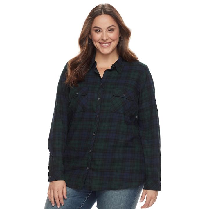 Plus Size Croft & Barrow&reg; Flannel Plaid Button-down Shirt, Women's, Size: 1xl, Dark Green