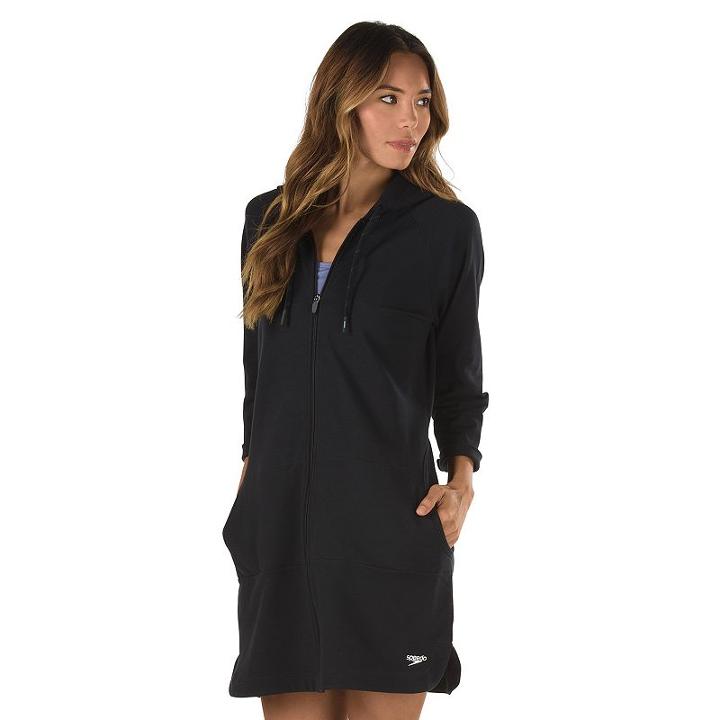 Women's Speedo Aqua Fitness French Terry Hooded Cover-up, Size: Medium, Black