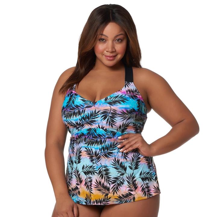 Plus Size Pink Envelope Palm Leaf Tankini Top, Women's, Size: 3xl, Perfect Palm