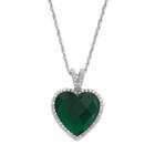 Sterling Silver Glass & Cubic Zirconia Heart Halo Pendant, Women's, Size: 18, Green