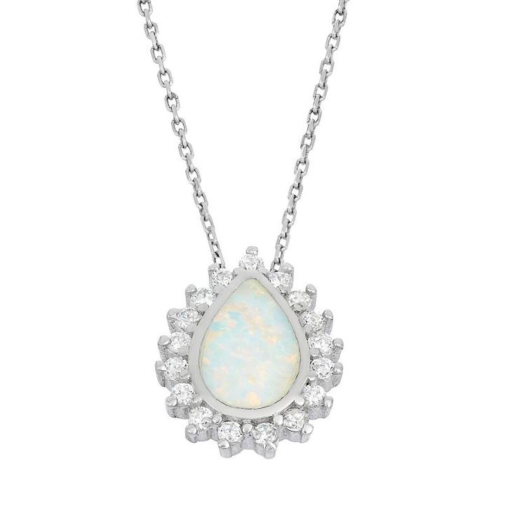 Lab-created Opal & Cubic Zirconia Sterling Silver Teardrop Halo Pendant Necklace, Women's, Size: 18, White