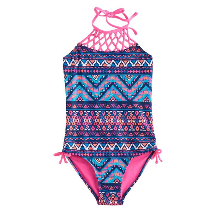 Girls 7-16 & Plus Size So&reg; Halter Knotted Yoke Tribal One-piece Swimsuit, Size: 14, Blue (navy)