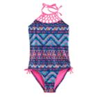 Girls 7-16 & Plus Size So&reg; Halter Knotted Yoke Tribal One-piece Swimsuit, Size: 14, Blue (navy)