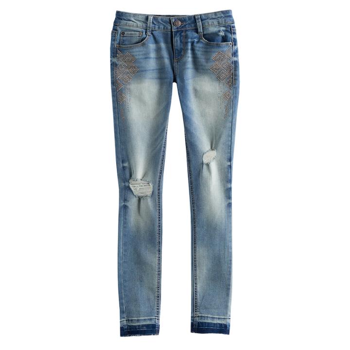 Girls 7-16 & Plus Size Mudd&reg; Embellished Destructed Released Hem Skinny Jeans, Size: 16 1/2, Blue