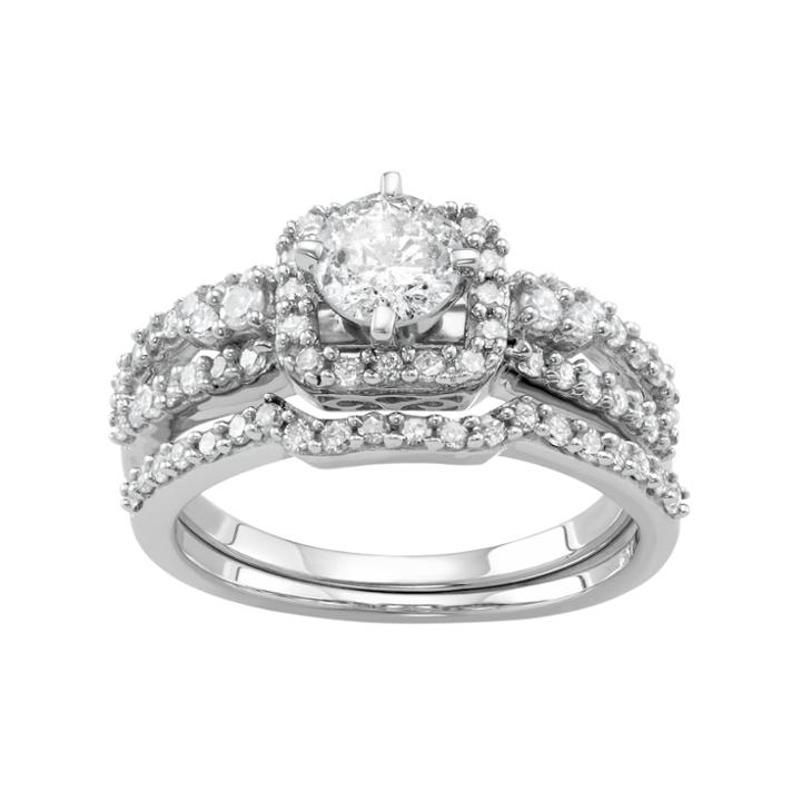 10k White Gold 1 Carat T.w. Diamond Tiered Halo Engagement Ring Set, Women's, Size: 9