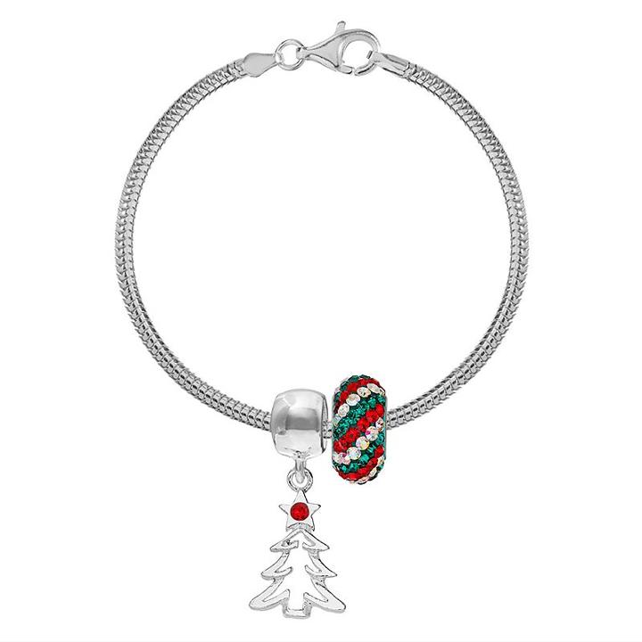 Individuality Beads Crystal Sterling Silver Bracelet, Christmas Tree Charm & Bead Set, Women's, Multicolor