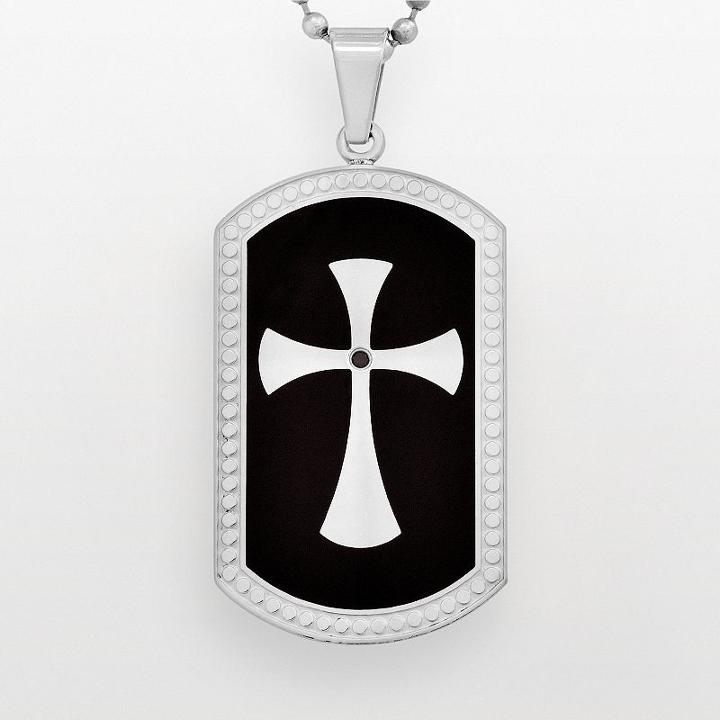 Stainless Steel And Black Immersion-plated Stainless Steel Black Diamond Accent Cross Dog Tag - Men, Size: 24, Multicolor