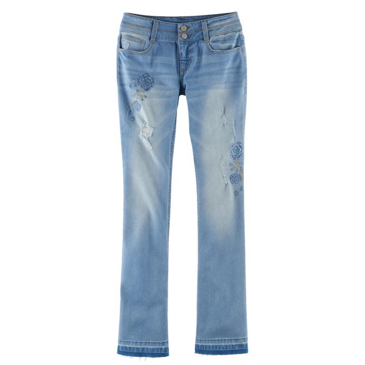 Girls Plus Size Mudd&reg; Embroidered Flower Ripped Double-button Skinny Bootcut Jeans, Size: 16 1/2, Blue Other