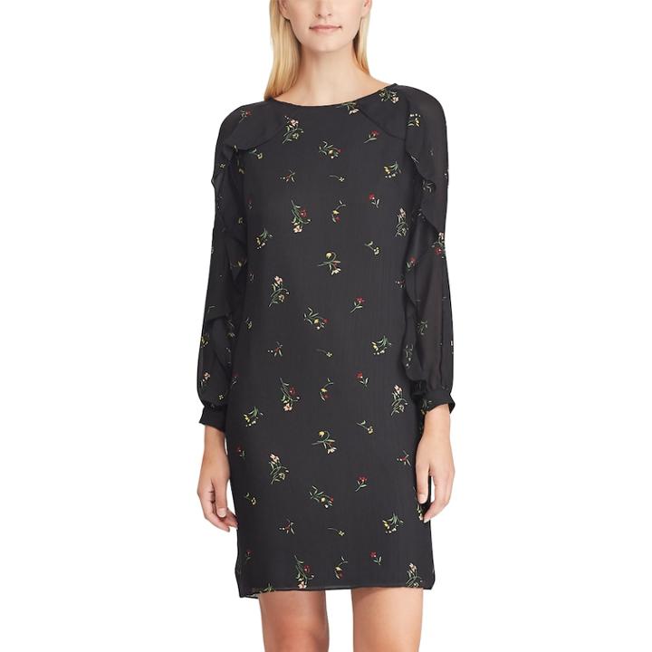 Women's Chaps Floral Ruffle Shift Dress, Size: 16, Black