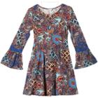 Girls 7-16 Speechless Printed Bell Sleeve Pleated Dress With Necklace, Size: 12, Aqua Red