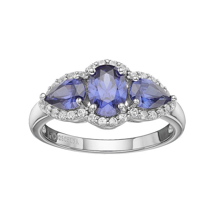 Sterling Silver Lab-created Sapphire & White Topaz 3-stone Halo Ring, Women's, Size: 6, Blue