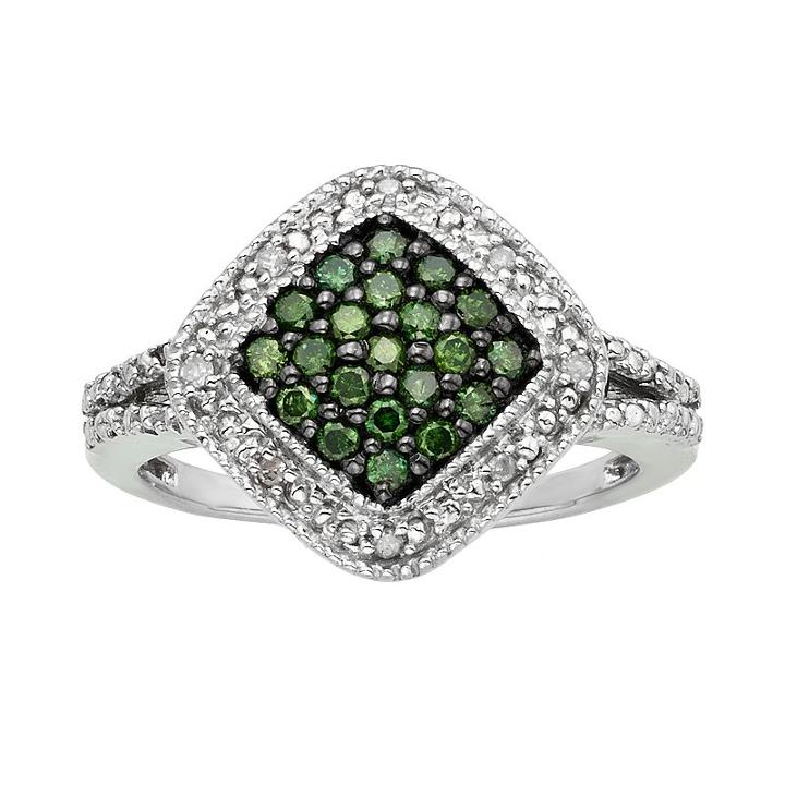 Sterling Silver 1/3-ct. T.w. Green And White Diamond Square Halo Ring, Women's, Size: 7