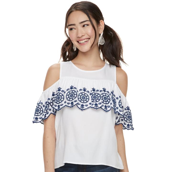 Juniors' So&reg; Ruffle Cold-shoulder Top, Teens, Size: Small, White