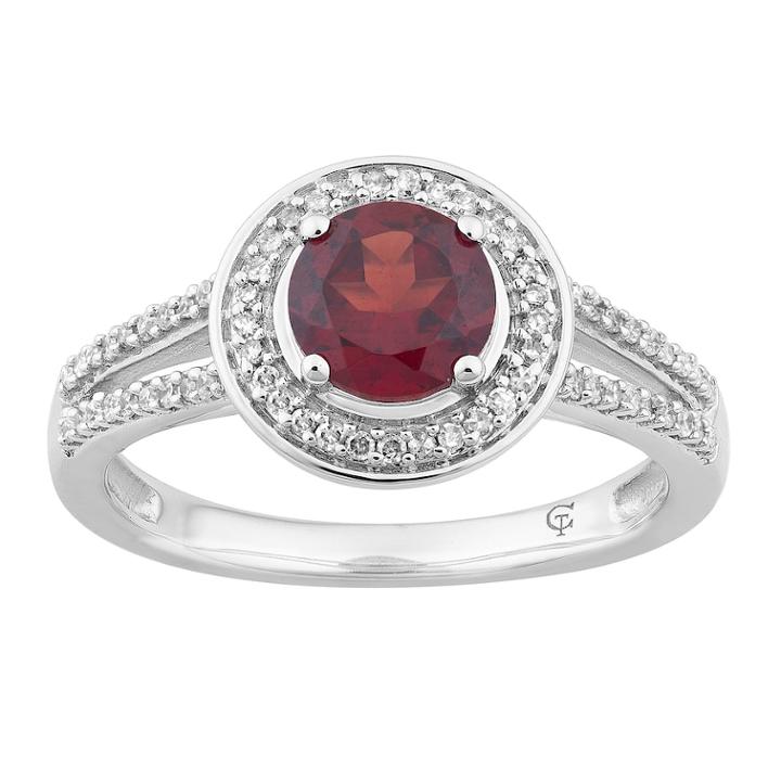 10k White Gold Garnet & 1/5 Carat T.w. Diamond Halo Ring, Women's, Size: 7, Red