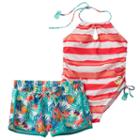 Girls 4-6x Big Chill Striped One-piece Swimsuit & Tropical Shorts Set, Girl's, Size: 6x, Orange Oth