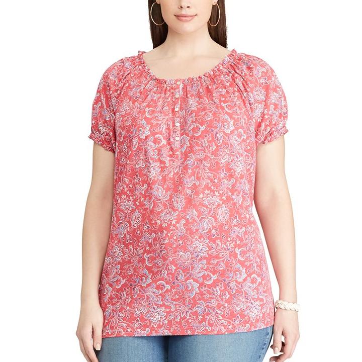 Plus Size Chaps Printed Henley, Women's, Size: 3xl, Pink Ovrfl