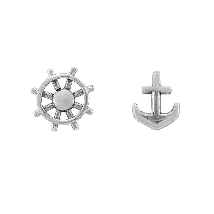 Itsy Bitsy Sterling Silver Helm & Anchor Mismatch Stud Earrings, Women's