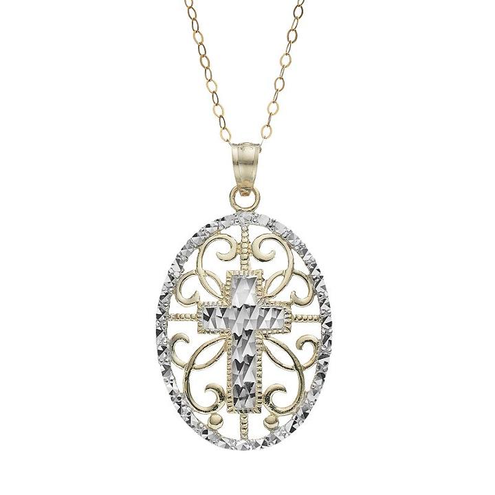 10k Gold Filigree Oval Cross Pendant Necklace, Women's