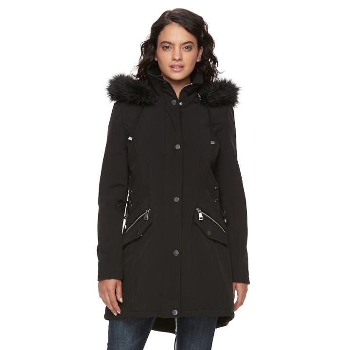 Women's Lnr Fashion Styles Hooded Faux-fur Trim Jacket, Size: Small, Black