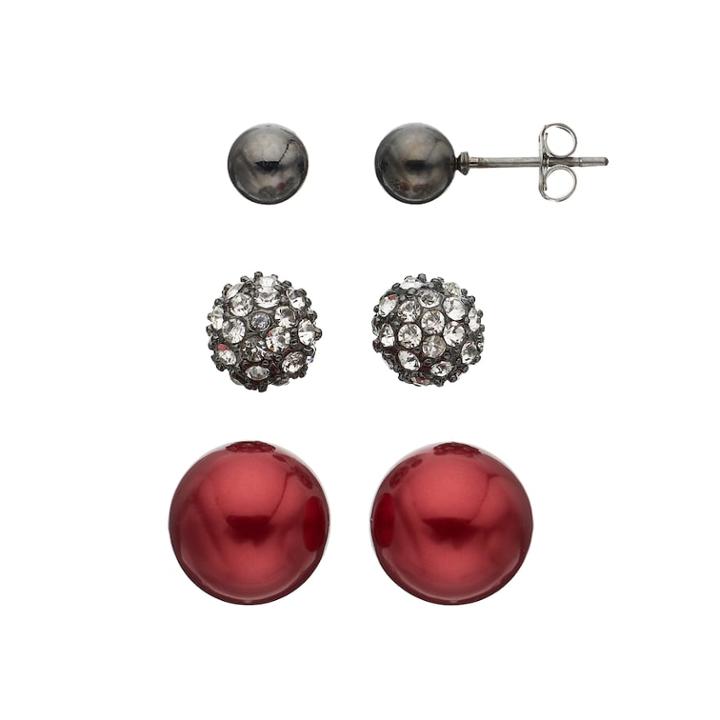 Red Simulated Pearl & Fireball Nickel Free Stud Earring Set, Women's