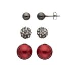 Red Simulated Pearl & Fireball Nickel Free Stud Earring Set, Women's