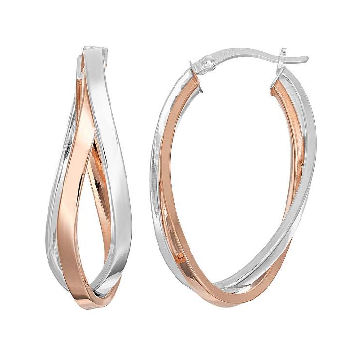 Silver Classics Two Tone Sterling Silver Twist Oval Hoop Earrings, Women's