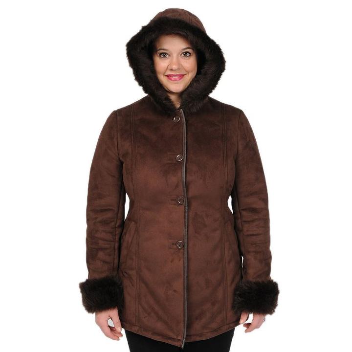 Excelled Hooded Faux-suede Coat, Women's, Size: Xl, Brown