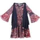Girls 7-16 Speechless Lace Vest & Printed Bell Sleeve Dress Set With Necklace, Size: 16, Navy Wine
