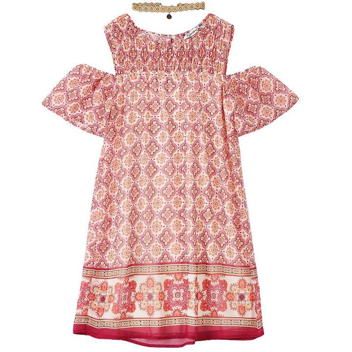 Girls 7-16 Speechless Smocked Cold Shoulder Pattern Dress With Choker Necklace, Girl's, Size: 7, Brown Over