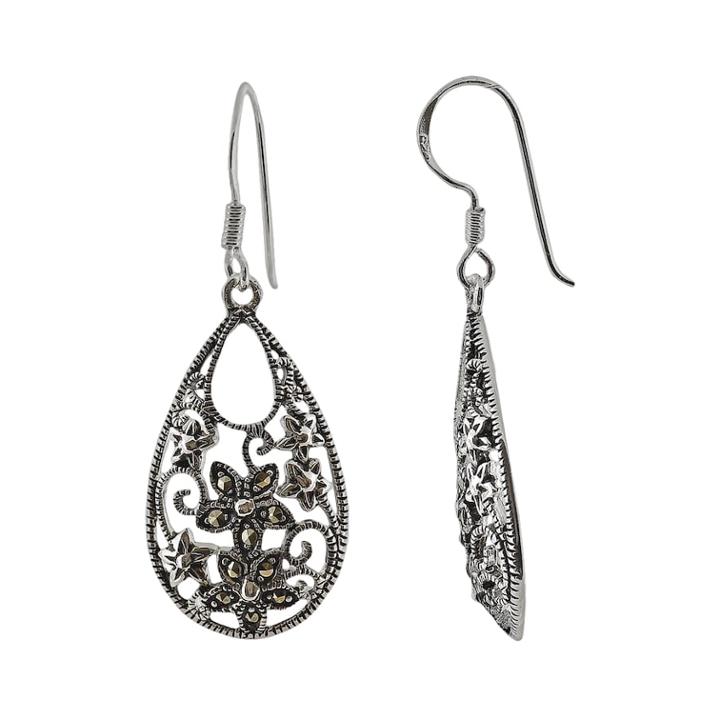 Sterling Silver Marcasite Floral Teardrop Earrings, Women's, Black