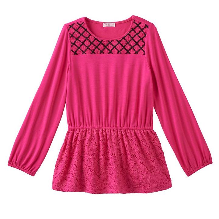 Girls 4-6x Design 365 Criss-cross Stitched Yoke Long Sleeve Tunic, Girl's, Size: 5, Light Red