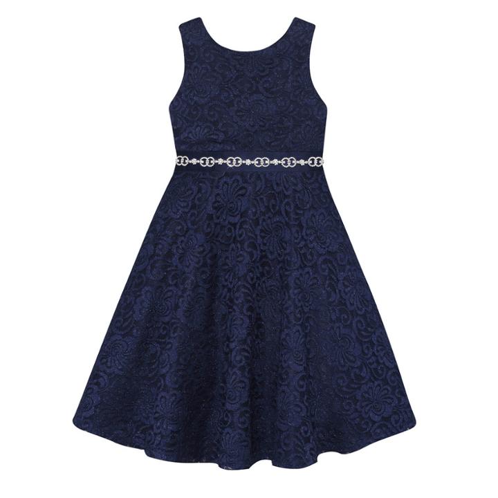 Girls 7-16 American Princess Rhinestone Waist Lace A-lined Dress, Size: 8, Blue (navy)